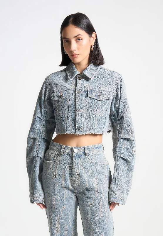 Women's moto jackets with a lace - up front for a unique and stylish touchCropped Distressed Denim Jacket - Mid Blue Women's moto jackets with a lace - up front for a unique and stylish touchCropped Distressed Denim Jacket - Mid Blue