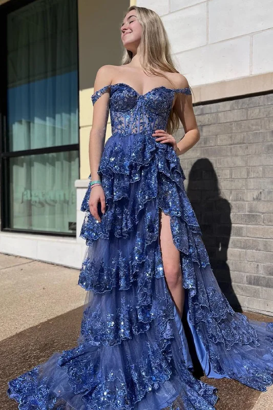 Party dresses with a unique neckline, like a sweetheart or square neckDark Blue Off The Shoulder Tiered Prom Dress Party dresses with a unique neckline, like a sweetheart or square neckDark Blue Off The Shoulder Tiered Prom Dress