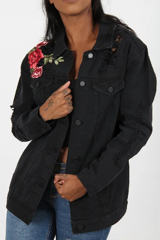 Women's cropped leather jackets with silver zippers for a punk - inspired outfitDestructed Rose Patch Denim Jacket Women's cropped leather jackets with silver zippers for a punk - inspired outfitDestructed Rose Patch Denim Jacket
