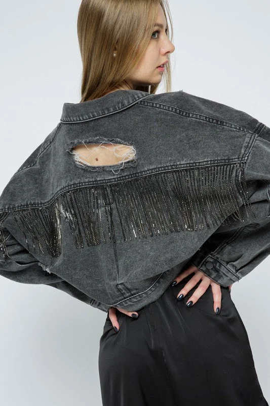Women's denim jackets with distressed details for a casual and edgy lookDiamond Dixie Rhinestone Fringe Jacket- Black Women's denim jackets with distressed details for a casual and edgy lookDiamond Dixie Rhinestone Fringe Jacket- Black