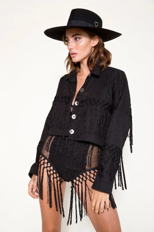 Women's denim jackets with distressed details for a casual and edgy lookFarrah Jacket- Black Women's denim jackets with distressed details for a casual and edgy lookFarrah Jacket- Black