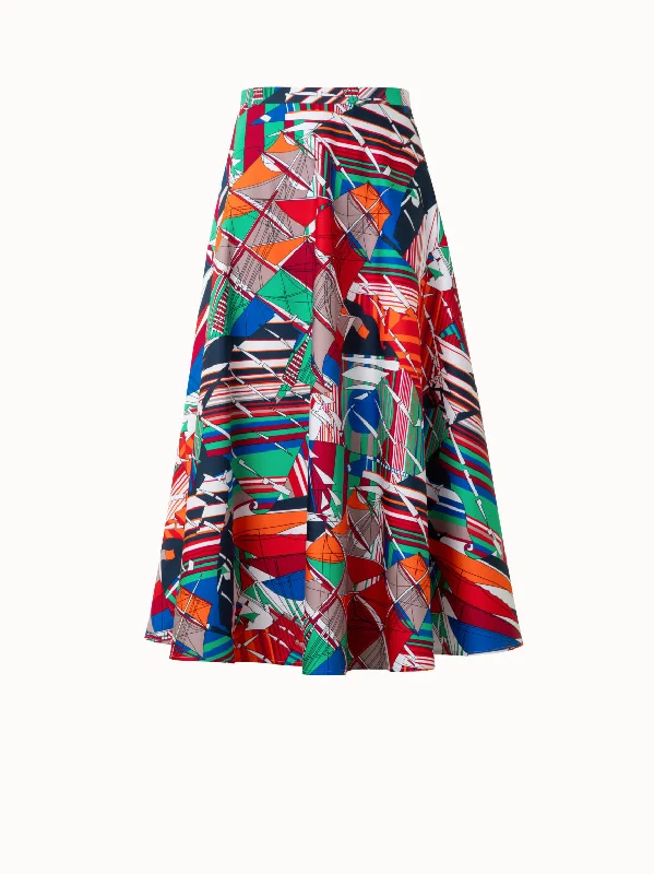 Women's long - length wool blend jackets for a warm and stylish winter lookFlared Midi Skirt in Cotton with Sea Clipper Print