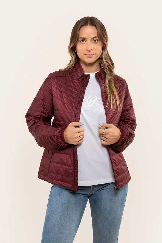 Women's faux fur - trimmed denim jackets for a trendy and cozy styleFrankie Womens Packable Jacket - Burgundy Women's faux fur - trimmed denim jackets for a trendy and cozy styleFrankie Womens Packable Jacket - Burgundy