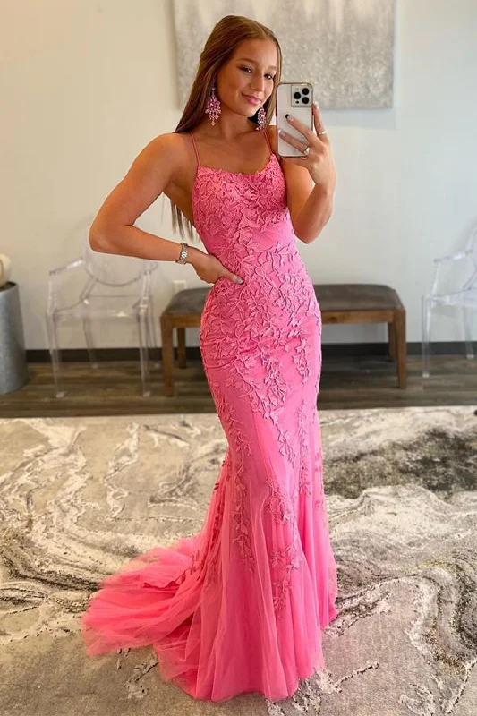 Party dresses with a one - shoulder design for a modern and unique lookFuchsia Spaghetti Straps Appliques Prom Dress Party dresses with a one - shoulder design for a modern and unique lookFuchsia Spaghetti Straps Appliques Prom Dress