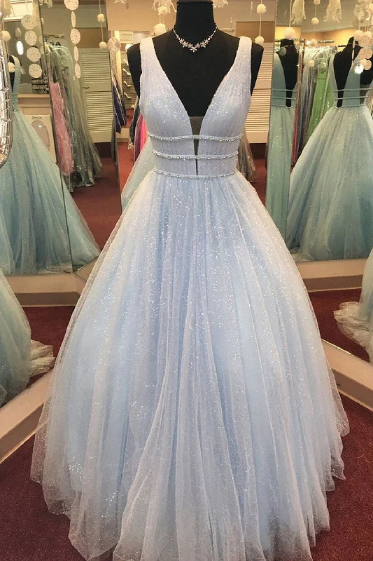 Party dresses with a bow detail for a cute and charming touchGlitter Deep V-Neck Light Blue Long Prom Dress Party dresses with a bow detail for a cute and charming touchGlitter Deep V-Neck Light Blue Long Prom Dress