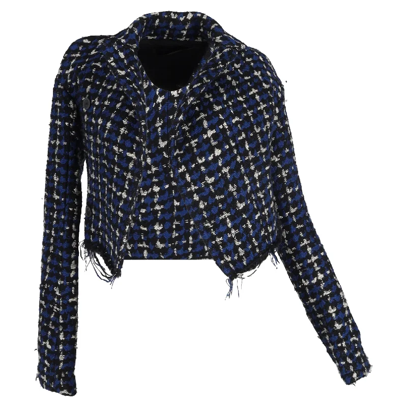 Women's pea coats with brass buttons for a nautical - inspired styleHaider Ackermann Patterned Frayed Hem Accent Cropped Blazer in Blue Tweed Women's pea coats with brass buttons for a nautical - inspired styleHaider Ackermann Patterned Frayed Hem Accent Cropped Blazer in Blue Tweed