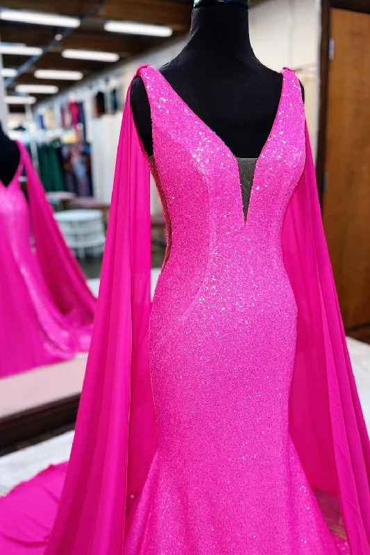 Party dresses with a cut - out design for a daring and edgy styleHot Pink Mermaid Prom Dress With Wateau Train Party dresses with a cut - out design for a daring and edgy styleHot Pink Mermaid Prom Dress With Wateau Train