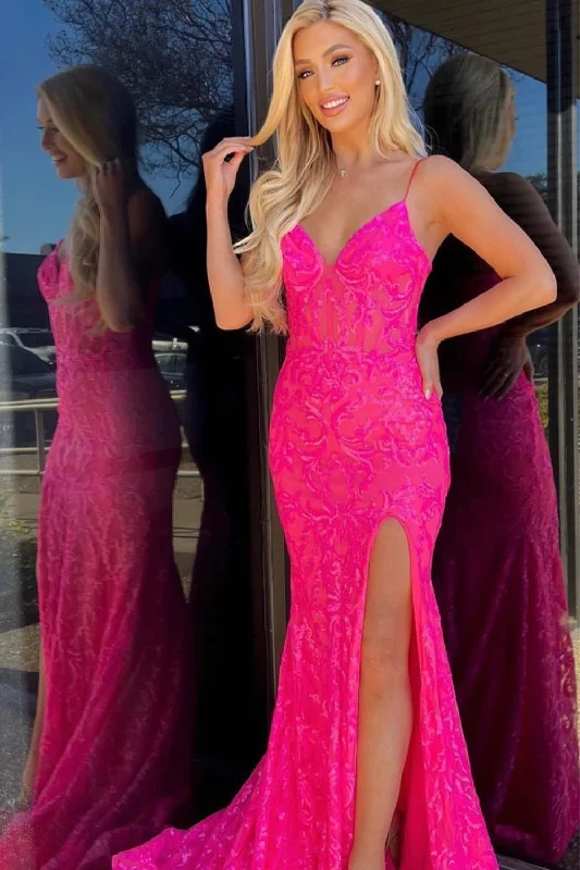 Party dresses with a leatherette material for a tough and stylish appearanceHot Pink Spaghetti Straps Mermaid Prom Dress Party dresses with a leatherette material for a tough and stylish appearanceHot Pink Spaghetti Straps Mermaid Prom Dress