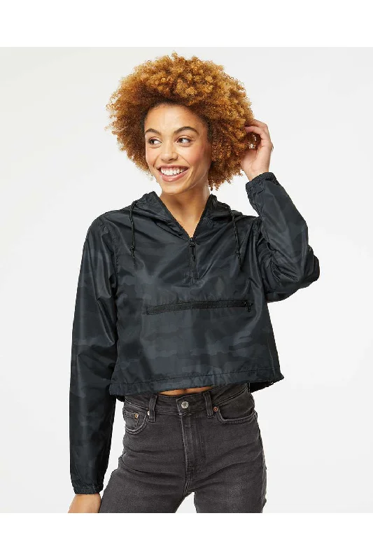 Women's faux fur - trimmed denim jackets for a trendy and cozy styleIndependent Trading Co. Womens Water Resistant 1/4 Zip Crop Hooded Windbreaker Jacket - Black Camo Women's faux fur - trimmed denim jackets for a trendy and cozy styleIndependent Trading Co. Womens Water Resistant 1/4 Zip Crop Hooded Windbreaker Jacket - Black Camo