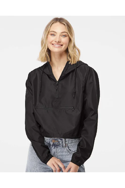 Women's bomber jackets with floral embroidery for a feminine and unique designIndependent Trading Co. Womens Water Resistant 1/4 Zip Crop Hooded Windbreaker Jacket - Black Women's bomber jackets with floral embroidery for a feminine and unique designIndependent Trading Co. Womens Water Resistant 1/4 Zip Crop Hooded Windbreaker Jacket - Black
