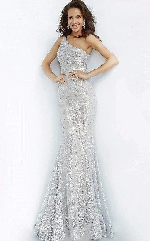 Jovani - 00353 One Shoulder Stretch Metallic Lace Trumpet Dress