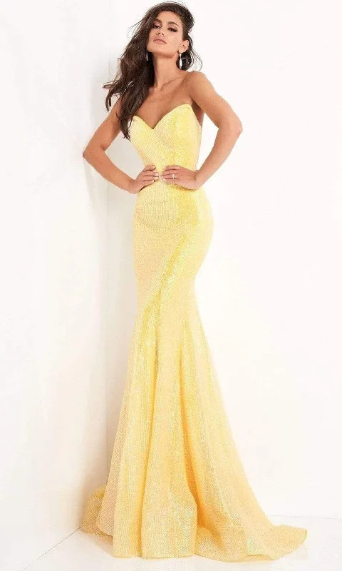 Prom dresses with lace - up side panels and ruffled bodices for a feminine and detailed lookJovani - 04831 Strapless Peaked V-Neck Sequin Mermaid Gown Prom dresses with lace - up side panels and ruffled bodices for a feminine and detailed lookJovani - 04831 Strapless Peaked V-Neck Sequin Mermaid Gown