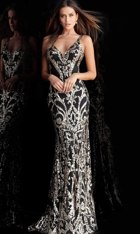 Formal dresses with button - front designs and tulle skirts for a charming prom styleJovani - 63350 Metallic Sequined Plunging Long Gown Formal dresses with button - front designs and tulle skirts for a charming prom styleJovani - 63350 Metallic Sequined Plunging Long Gown