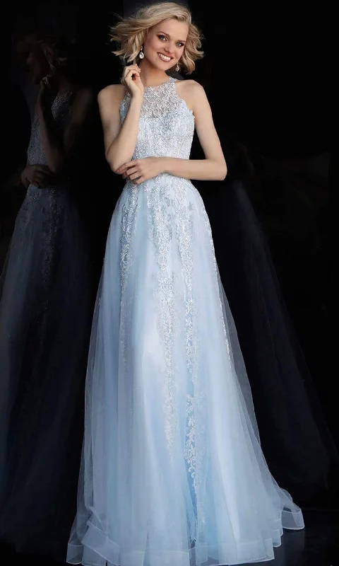 Prom dresses with tiered ruffled sleeves and satin skirts for a feminine and voluminous lookJVN by Jovani - JVN64157 Sleeveless Lace Embroidered Tulle Gown