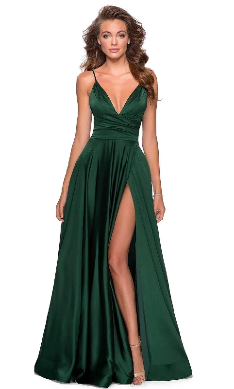Prom dresses with tiered ruffled sleeves and satin skirts for a feminine and voluminous lookLa Femme - 28607 Deep V-Neck High Slit Simple Prom A-Line Gown Prom dresses with tiered ruffled sleeves and satin skirts for a feminine and voluminous lookLa Femme - 28607 Deep V-Neck High Slit Simple Prom A-Line Gown