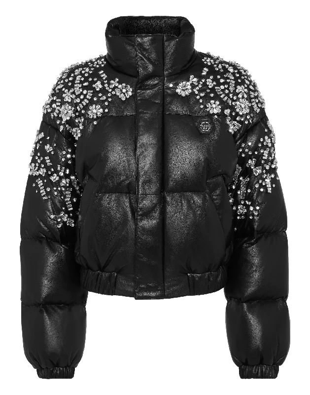 Women's long - sleeve wool coats in a houndstooth pattern for a classic charmLeather Puffer Jacket Crystal Women's long - sleeve wool coats in a houndstooth pattern for a classic charmLeather Puffer Jacket Crystal