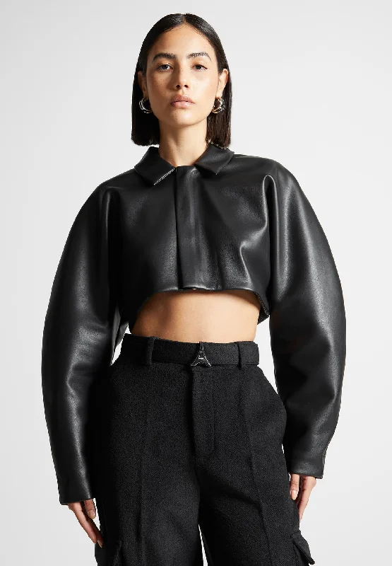Women's moto jackets with a lace - up front for a unique and stylish touchLeather Super Cropped Jacket - Black Women's moto jackets with a lace - up front for a unique and stylish touchLeather Super Cropped Jacket - Black