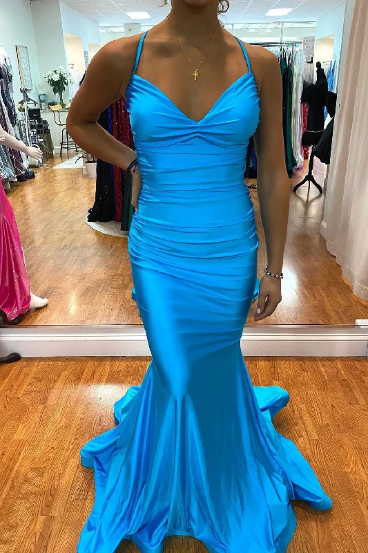 A - line party dresses with a floral print for spring eventsMermaid Lace-Up Back Blue Long Prom Dress A - line party dresses with a floral print for spring eventsMermaid Lace-Up Back Blue Long Prom Dress