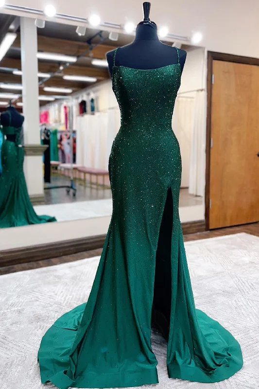 Party dresses with a ruched fabric for a textured and flattering effectMermaid Spaghettti Straps Dark Green Sequins Long Prom Dress with Split Front Party dresses with a ruched fabric for a textured and flattering effectMermaid Spaghettti Straps Dark Green Sequins Long Prom Dress with Split Front