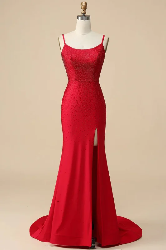 Party dresses with a metallic - thread embroidery for a luxurious touchMermaid Spaghettti Straps Red Sequins Long Prom Dress with Split Front Party dresses with a metallic - thread embroidery for a luxurious touchMermaid Spaghettti Straps Red Sequins Long Prom Dress with Split Front