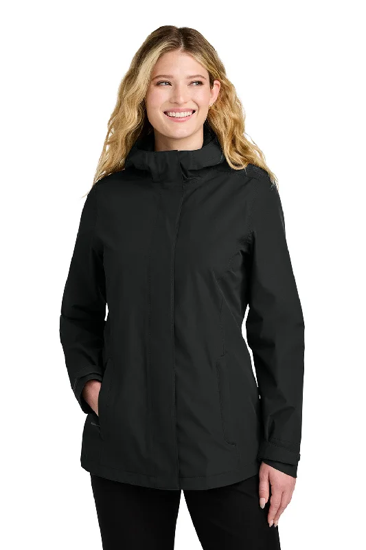 Women's cropped leather jackets with silver zippers for a punk - inspired outfitPort Authority Womens C-FREE Water Resistant Full Zip Hooded Rain Jacket - Deep Black - New
