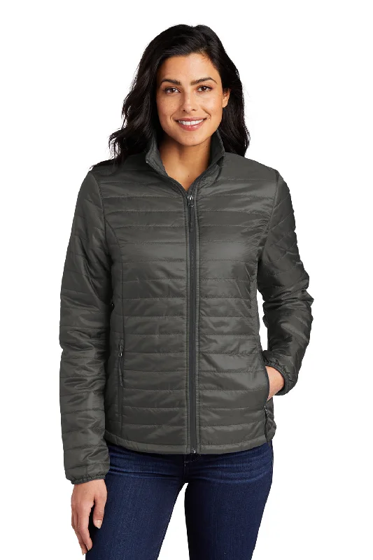 Women's waterproof rain jackets in bright yellow for high - visibility outdoor activitiesPort Authority Womens Water Resistant Packable Puffy Full Zip Jacket - Sterling Grey/Graphite Grey Women's waterproof rain jackets in bright yellow for high - visibility outdoor activitiesPort Authority Womens Water Resistant Packable Puffy Full Zip Jacket - Sterling Grey/Graphite Grey