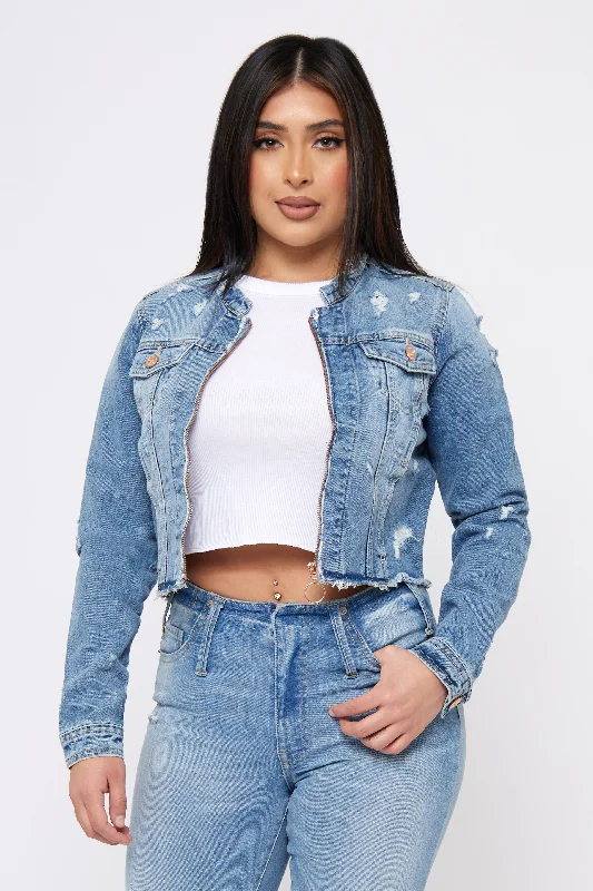 Women's cropped leather jackets with silver zippers for a punk - inspired outfitRose Thorn - Denim Jacket Women's cropped leather jackets with silver zippers for a punk - inspired outfitRose Thorn - Denim Jacket