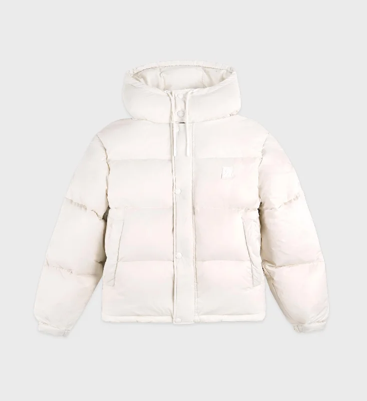 Quilted down women's coats with removable hoods for outdoor activitiesRunning Woman Puffer Jacket - Off White Quilted down women's coats with removable hoods for outdoor activitiesRunning Woman Puffer Jacket - Off White