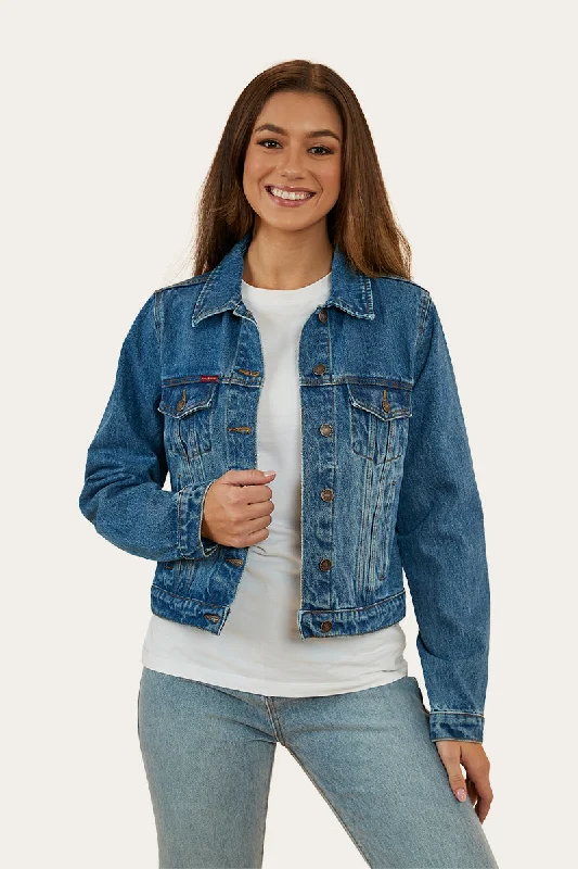 Women's bomber jackets with floral embroidery for a feminine and unique designScarlett Womens Denim Jacket - Mid Wash Blue Women's bomber jackets with floral embroidery for a feminine and unique designScarlett Womens Denim Jacket - Mid Wash Blue