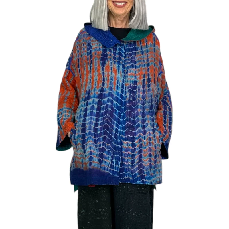 Women's denim jackets with a patchwork design for a bohemian and artsy styleSERPENT SHIBORI TIE DYE HOODIE PONCHO Women's denim jackets with a patchwork design for a bohemian and artsy styleSERPENT SHIBORI TIE DYE HOODIE PONCHO