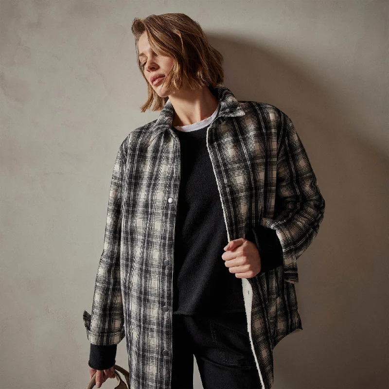 Women's cropped leather jackets with a fringe detail for a western - inspired outfitSherpa Lined Plaid Jacket - Black/White Women's cropped leather jackets with a fringe detail for a western - inspired outfitSherpa Lined Plaid Jacket - Black/White