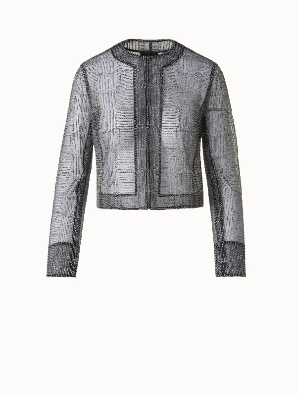 Women's windbreaker jackets with adjustable hoods for windy daysShort Jacket in Square on Tulle Embroidery Women's windbreaker jackets with adjustable hoods for windy daysShort Jacket in Square on Tulle Embroidery