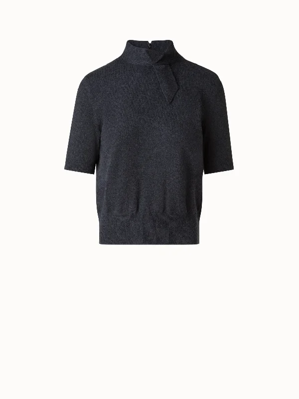 Women's faux fur - trimmed denim jackets for a trendy and cozy styleShort Sleeves Sweater in Cashmere with Knot Detail Women's faux fur - trimmed denim jackets for a trendy and cozy styleShort Sleeves Sweater in Cashmere with Knot Detail