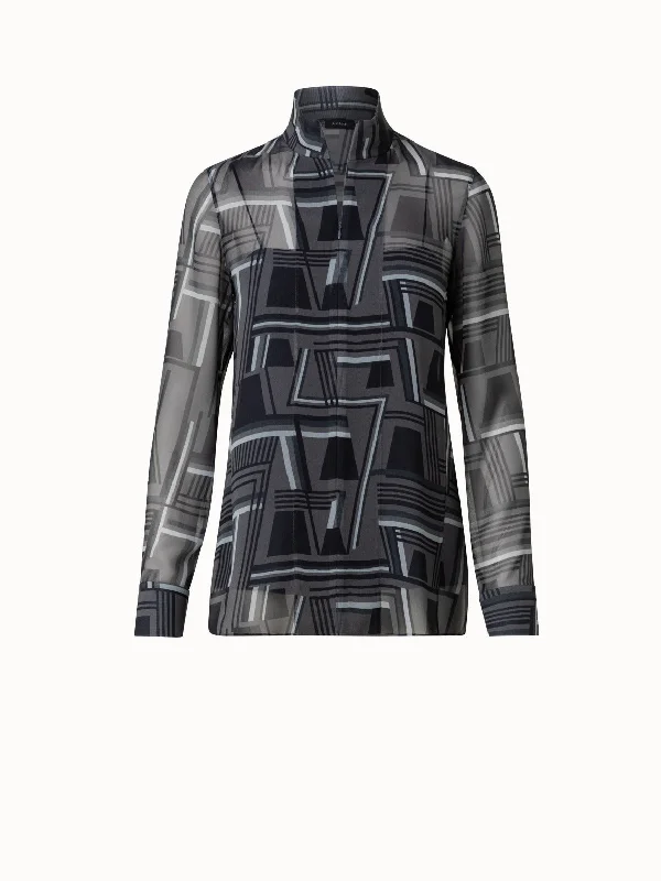 Women's long - line cardigan jackets in a soft knit for a cozy and elegant lookSilk Georgette Tunic Blouse with Zig Zag Trapezoid Print Women's long - line cardigan jackets in a soft knit for a cozy and elegant lookSilk Georgette Tunic Blouse with Zig Zag Trapezoid Print