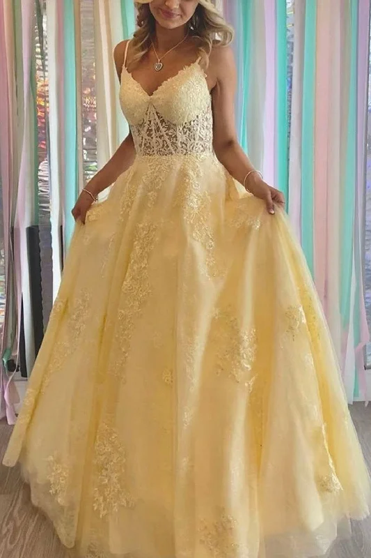 Party dresses with a geometric pattern for a contemporary lookSpaghetti Straps Light Yellow Long Corset Prom Dress with Appliques Party dresses with a geometric pattern for a contemporary lookSpaghetti Straps Light Yellow Long Corset Prom Dress with Appliques
