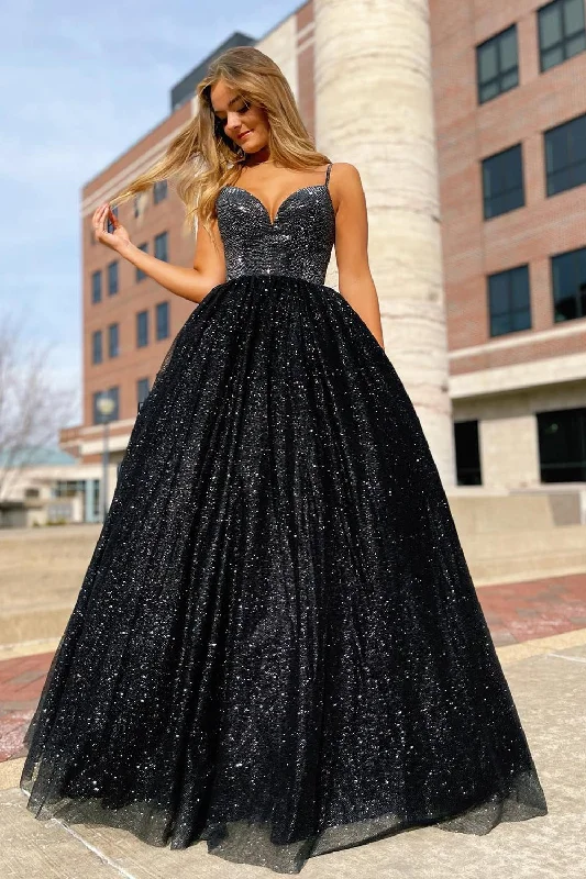 Party dresses with a unique neckline, like a sweetheart or square neckSparkly Black Spaghetti Straps A-Line Prom Dress Party dresses with a unique neckline, like a sweetheart or square neckSparkly Black Spaghetti Straps A-Line Prom Dress
