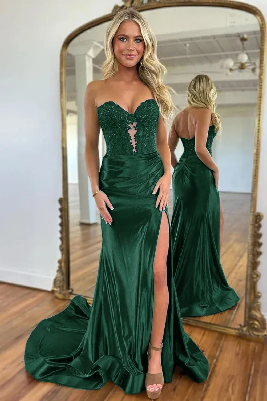 Sheath party dresses in a bold color for a statement - making outfitSparkly Dark Green Mermaid Beaded Appliques Strapless Corset Long Prom Dress with Slit Sheath party dresses in a bold color for a statement - making outfitSparkly Dark Green Mermaid Beaded Appliques Strapless Corset Long Prom Dress with Slit
