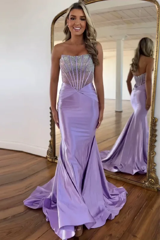 Party dresses with a lace overlay for a feminine touchSparkly Purple Mermaid Beaded Corset Strapless Satin Long Prom Dress Party dresses with a lace overlay for a feminine touchSparkly Purple Mermaid Beaded Corset Strapless Satin Long Prom Dress