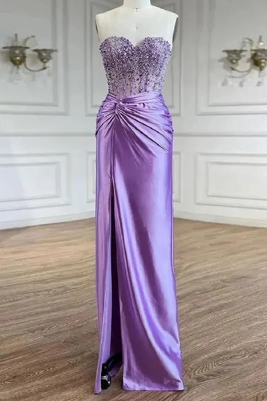 Sparkly Purple Mermaid Strapless Corset Satin Long Prom Dress with Slit