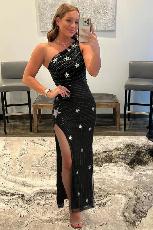 Gothic - style party dresses for a dark and mysterious lookSparkly Sequins Black One Shoulder Long Prom Dress with Stars Gothic - style party dresses for a dark and mysterious lookSparkly Sequins Black One Shoulder Long Prom Dress with Stars