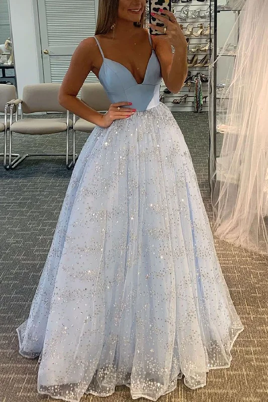 Tea - length party dresses for a sophisticated and versatile optionSparkly Spaghetti Straps Light Blue Tulle Long Prom Dress Tea - length party dresses for a sophisticated and versatile optionSparkly Spaghetti Straps Light Blue Tulle Long Prom Dress