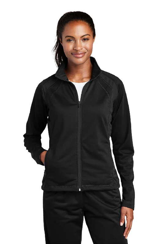 Women's bomber jackets with floral embroidery for a feminine and unique designSport-Tek Womens Full Zip Track Jacket - Black Women's bomber jackets with floral embroidery for a feminine and unique designSport-Tek Womens Full Zip Track Jacket - Black