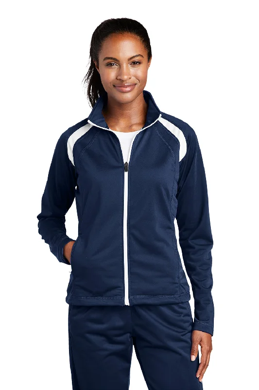 Women's moto jackets with a lace - up front for a unique and stylish touchSport-Tek Womens Full Zip Track Jacket - True Navy Blue/White Women's moto jackets with a lace - up front for a unique and stylish touchSport-Tek Womens Full Zip Track Jacket - True Navy Blue/White
