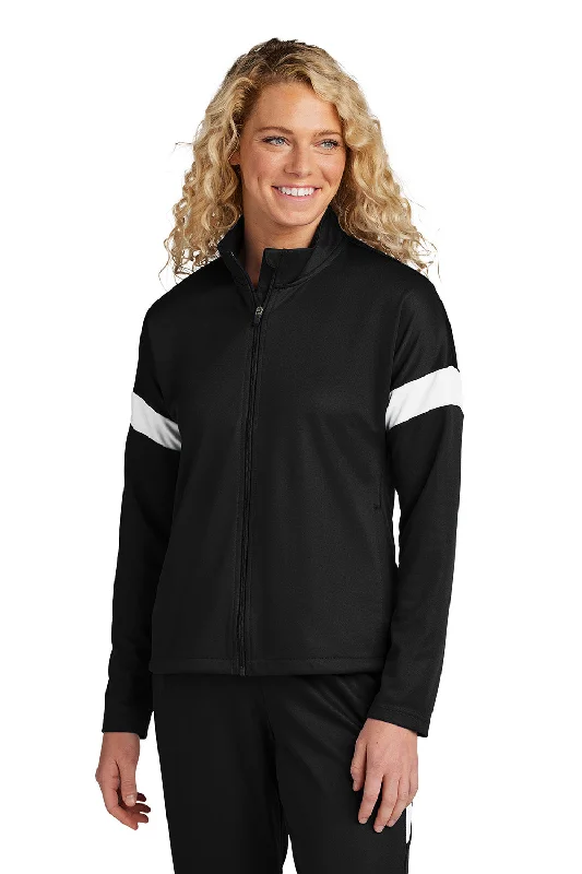 Women's windbreaker jackets with adjustable hoods for windy daysSport-Tek Womens Moisture Wicking Travel Full Zip Jacket - Black/White - New Women's windbreaker jackets with adjustable hoods for windy daysSport-Tek Womens Moisture Wicking Travel Full Zip Jacket - Black/White - New