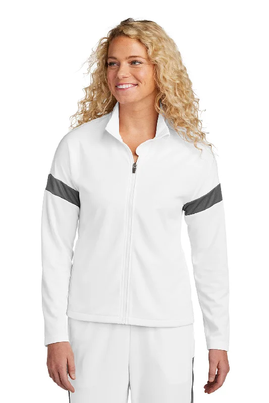 Women's denim jackets with distressed details for a casual and edgy lookSport-Tek Womens Moisture Wicking Travel Full Zip Jacket - White/Iron Grey - New Women's denim jackets with distressed details for a casual and edgy lookSport-Tek Womens Moisture Wicking Travel Full Zip Jacket - White/Iron Grey - New