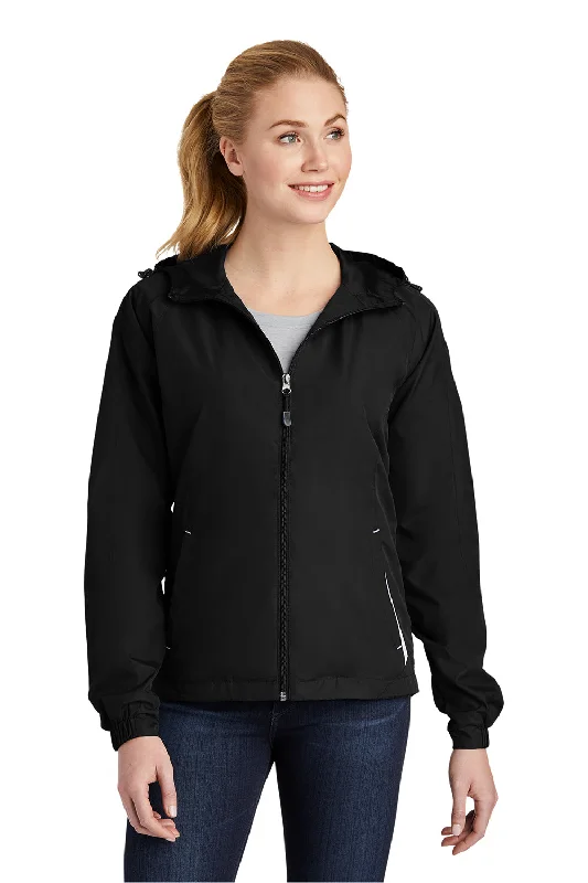 Women's cropped down jackets in bold colors for a sporty and fashionable winter outfitSport-Tek Womens Water Resistant Full Zip Hooded Jacket - Black/White Women's cropped down jackets in bold colors for a sporty and fashionable winter outfitSport-Tek Womens Water Resistant Full Zip Hooded Jacket - Black/White