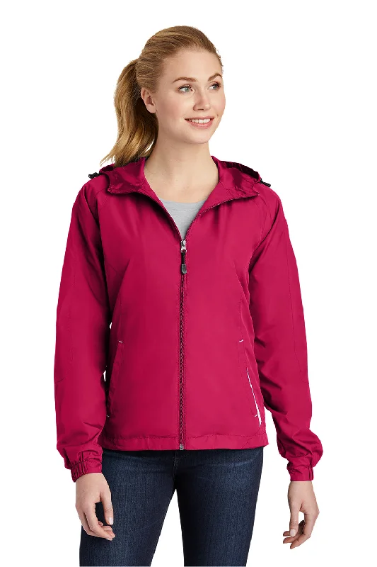 Women's cropped down jackets in bold colors for a sporty and fashionable winter outfitSport-Tek Womens Water Resistant Full Zip Hooded Jacket - Raspberry Pink/White Women's cropped down jackets in bold colors for a sporty and fashionable winter outfitSport-Tek Womens Water Resistant Full Zip Hooded Jacket - Raspberry Pink/White