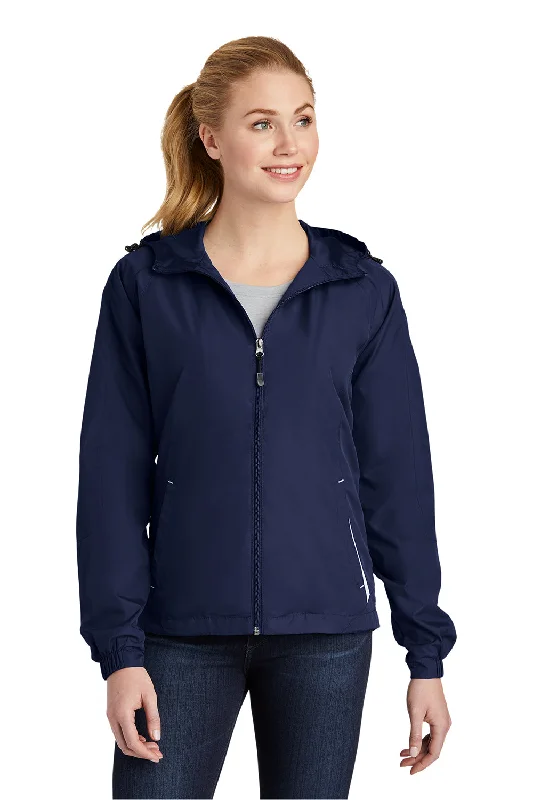 Women's bomber jackets with floral embroidery for a feminine and unique designSport-Tek Womens Water Resistant Full Zip Hooded Jacket - True Navy Blue/White Women's bomber jackets with floral embroidery for a feminine and unique designSport-Tek Womens Water Resistant Full Zip Hooded Jacket - True Navy Blue/White
