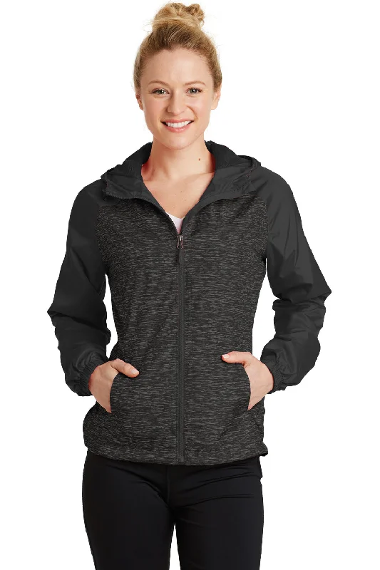 Women's denim jackets with distressed details for a casual and edgy lookSport-Tek Womens Wind & Water Resistant Full Zip Hooded Jacket - Heather Black/Black - Closeout Women's denim jackets with distressed details for a casual and edgy lookSport-Tek Womens Wind & Water Resistant Full Zip Hooded Jacket - Heather Black/Black - Closeout
