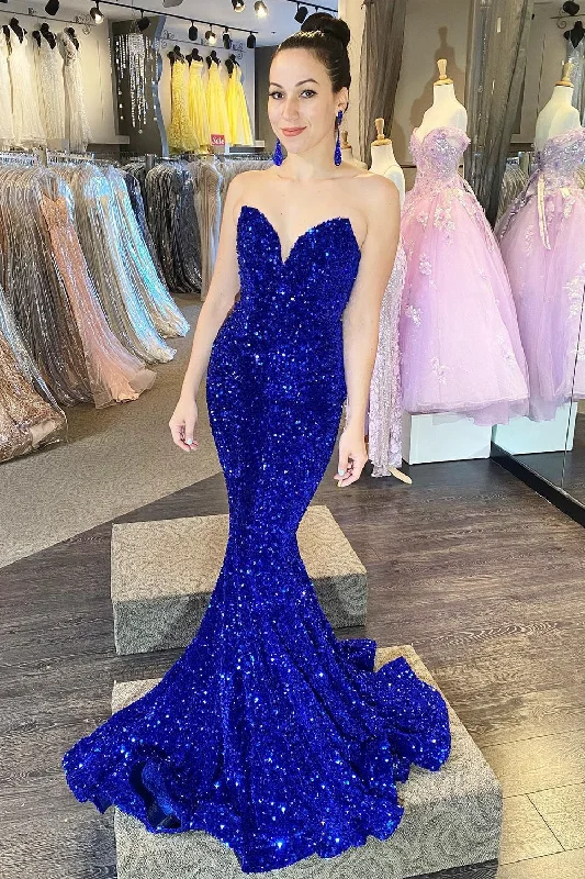 Satin party dresses with a smooth and lustrous finishStrapless Sequins Royal Blue Mermaid Prom Dress Satin party dresses with a smooth and lustrous finishStrapless Sequins Royal Blue Mermaid Prom Dress